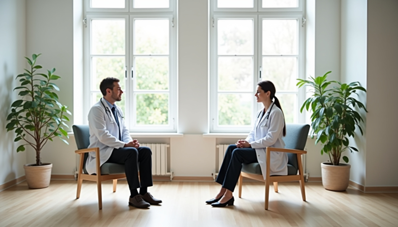 Consultation médicale entre un médecin généraliste et un patient adulte dans un cabinet à Toulouse
