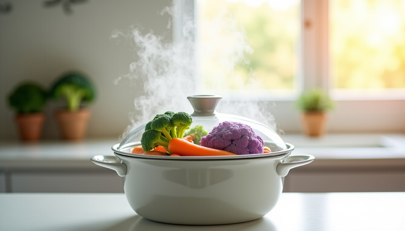 Cuisson à la vapeur de légumes dans une mijoteuse, illustrant une méthode de cuisson douce conforme aux principes du régime hypotoxique