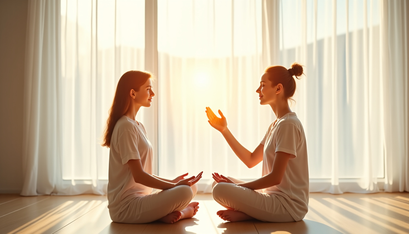Deux personnes participant à une séance de soin énergétique dans un cadre calme et lumineux