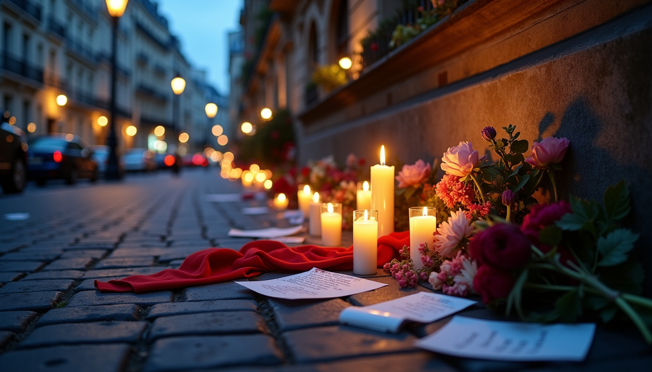 Hommage rendu à Elias dans le 14e arrondissement de Paris, entouré de bougies, de fleurs et de messages manuscrits