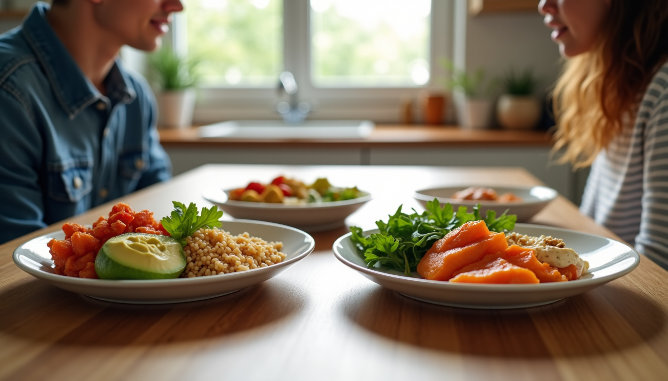 Illustration de la bio-individualité en nutrition intégrative: deux personnes avec des besoins alimentaires différents selon leur profil