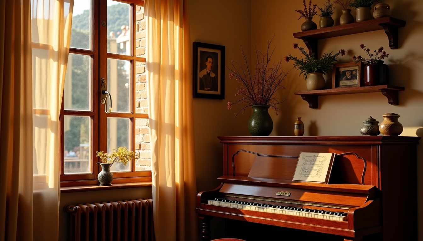 Intérieur de la Farmacia Arbusto, montrant l’étage supérieur avec un piano, un portrait familial et des étagères décoratives