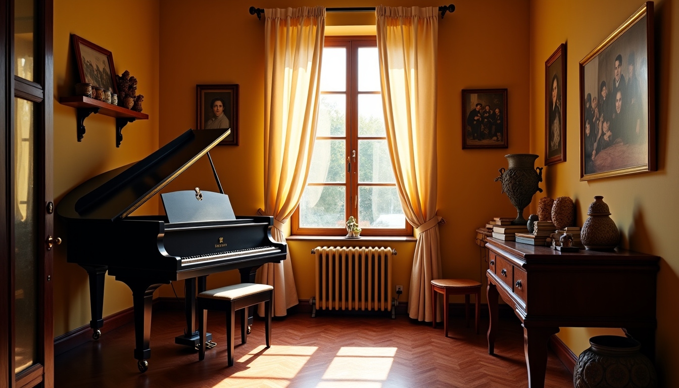Intérieur de la Farmacia Arbusto, montrant l’étage supérieur avec un piano, un portrait familial et des étagères décoratives