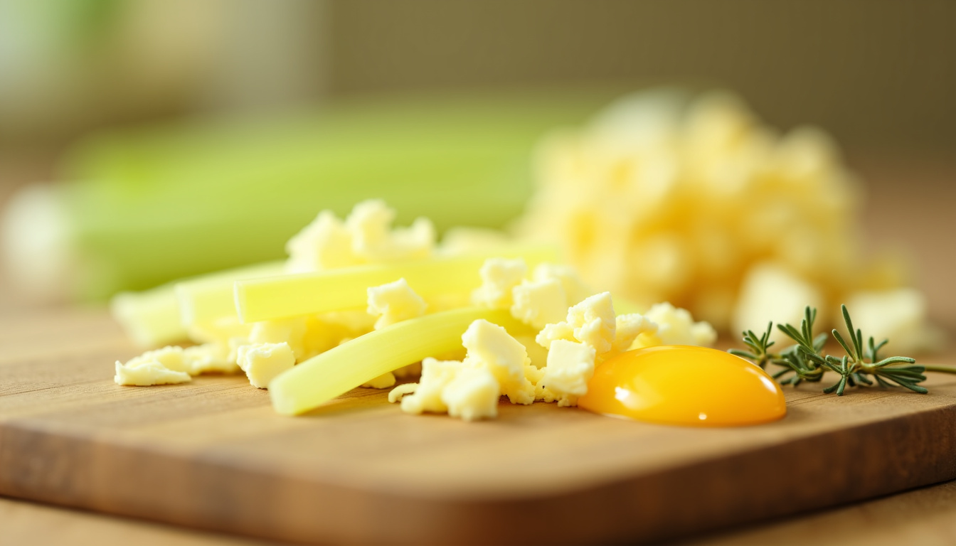 Préparation des ingrédients pour une quiche au poireau et au chèvre sur une planche en bois