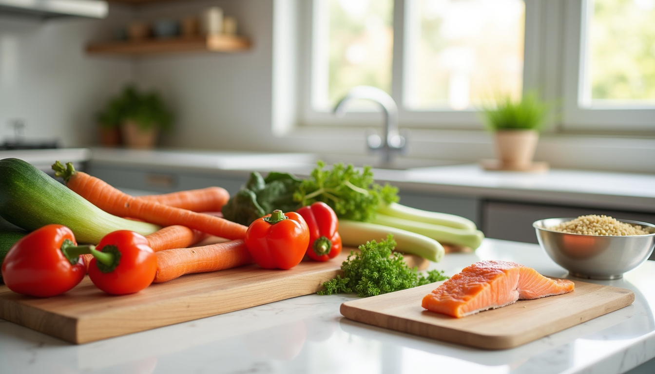 Préparation d’un repas sain à base de légumes frais et de poissons, dans une cuisine moderne