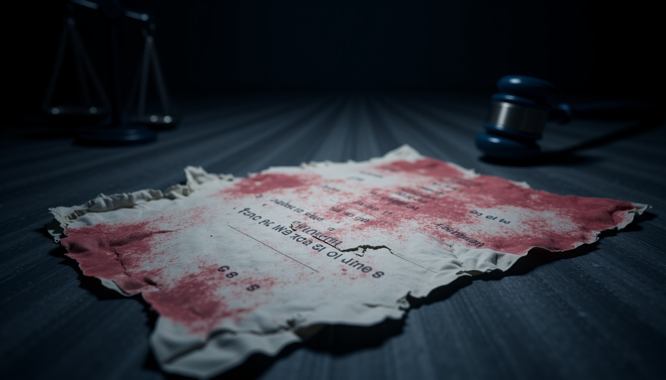 Représentation des dangers liés à la désinformation juridique, avec des documents falsifiés et des symboles d