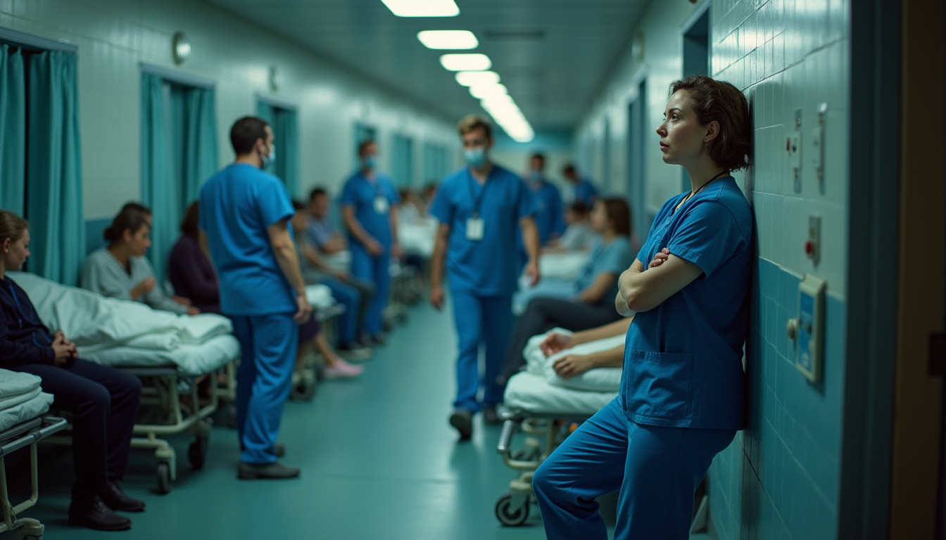 Zone d’attente des urgences du CHU de Caen avec patients et personnel médical visiblement surchargé