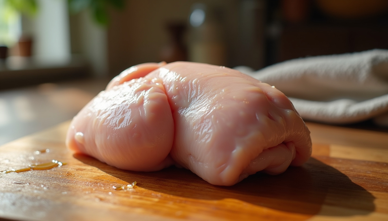 Cuisse de poulet crue sur plan de travail en bois