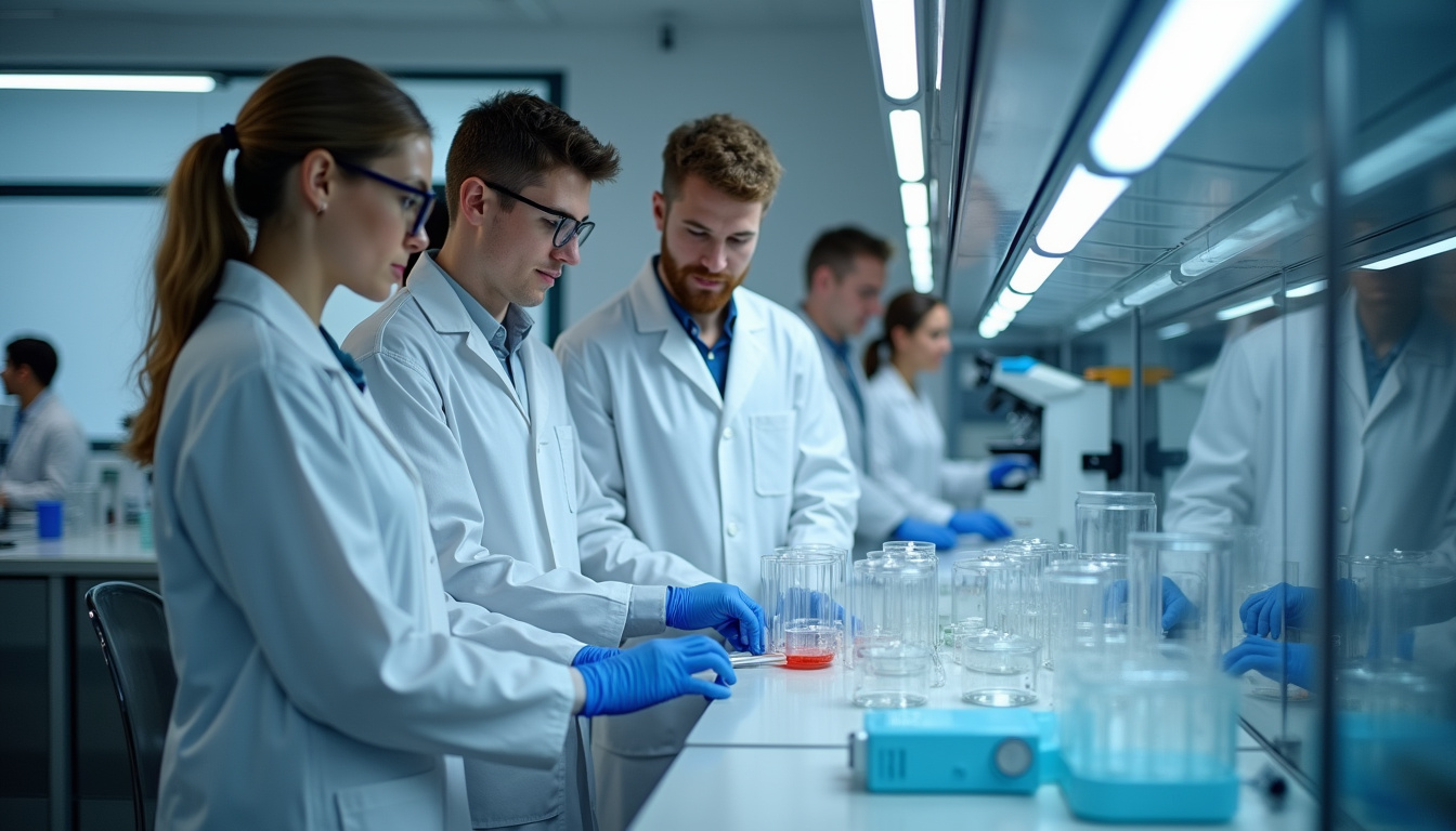 Étudiants en master travaillant dans un laboratoire de thérapies cellulaires
