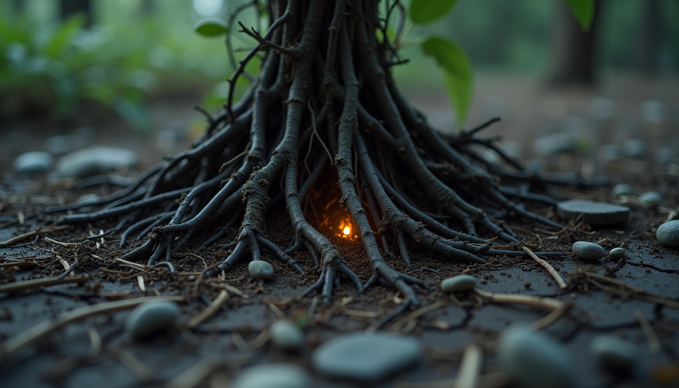 Illustration des causes de déséquilibre du chakra racine: stress, traumatismes, sédentarité, environnement instable