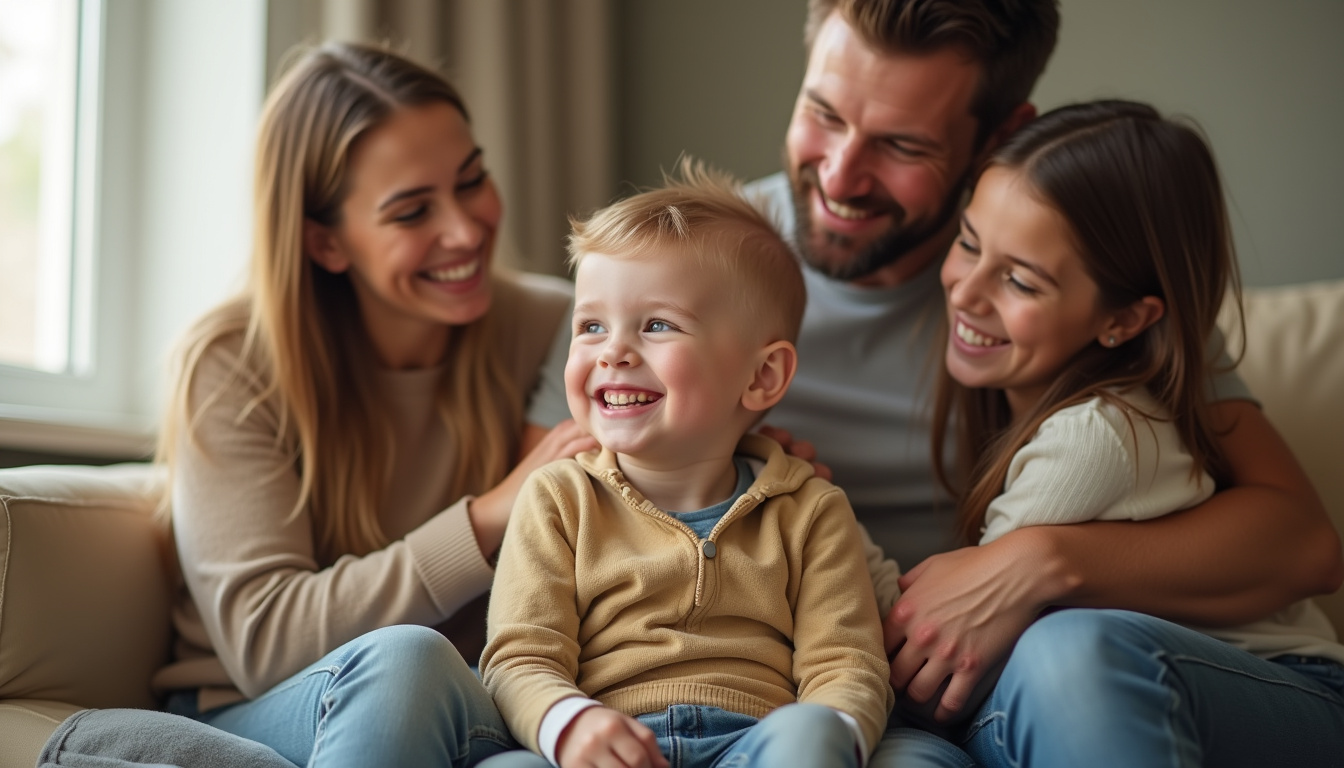 Photographie de Jaxon Buell entouré de sa famille, souriant malgré sa malformation congénitale