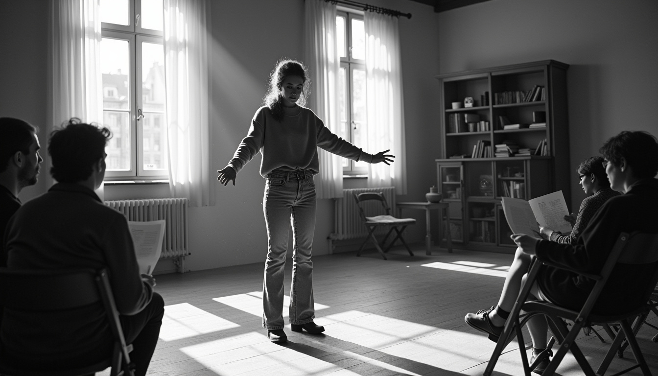 Photographie de jeunesse de Clémentine Célarié en répétition théâtrale, probablement dans les années 1980