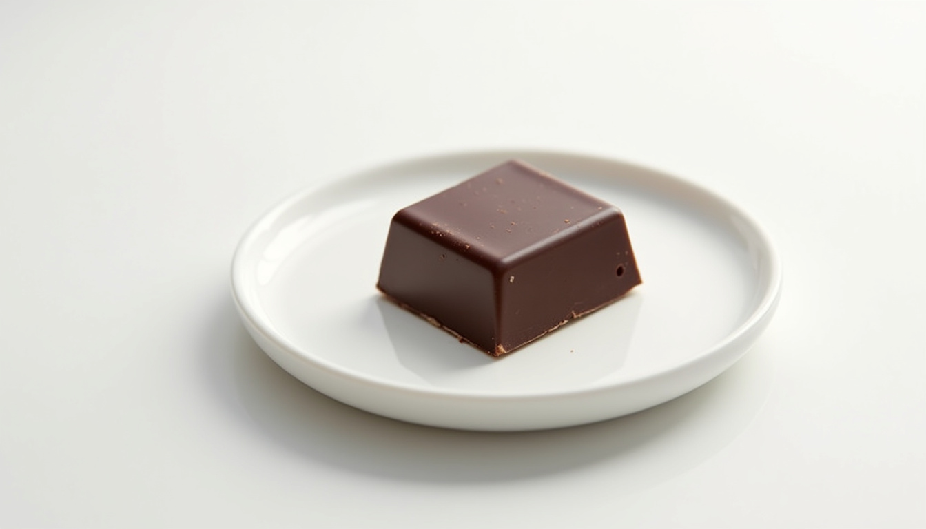 Portion recommandée de chocolat noir de 20 à 30 grammes sur une assiette blanche