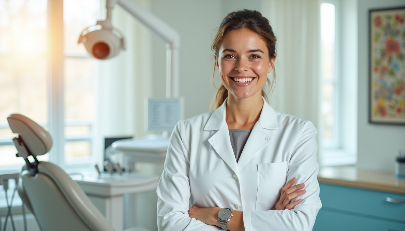 Portrait de Linda Hassaini, chirurgienne-dentiste à Oignies, souriante en blouse blanche dans son cabinet
