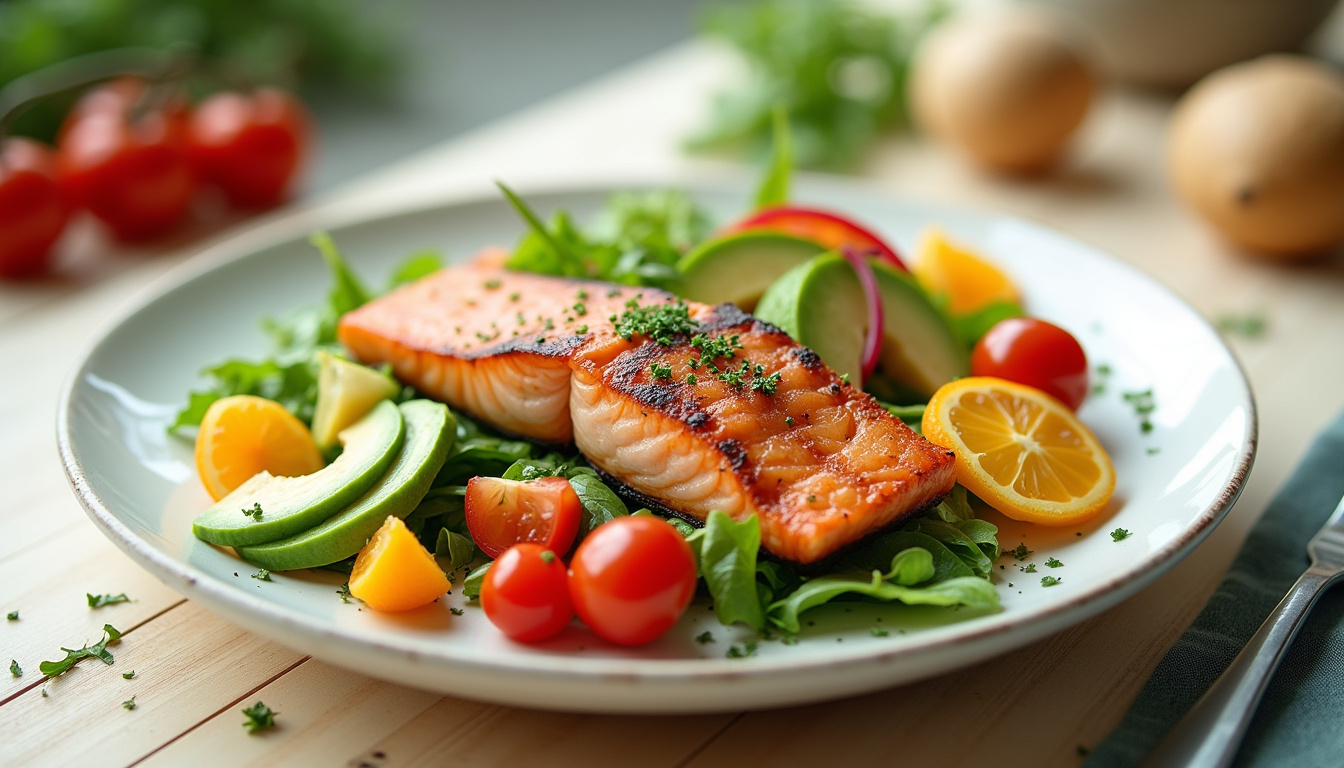 Présentation de fruits, légumes et poissons dans une assiette équilibrée pour la prévention des AVC