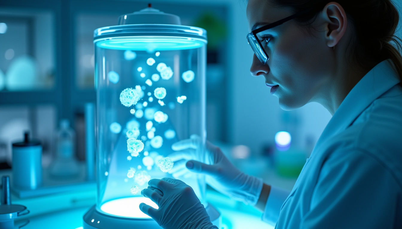 Technicien utilisant une plateforme de bioproduction basée sur les ondes acoustiques