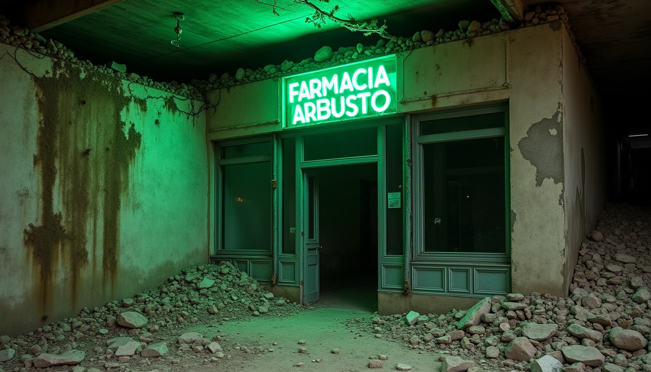 Vue extérieure de la Farmacia Arbusto dans la Ville Enfouie, avec son enseigne lumineuse verte et les décombres alentour